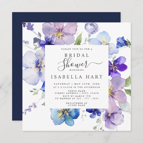 Navy Purple Mauve Pansy Viola Floral Bridal Shower Invitation