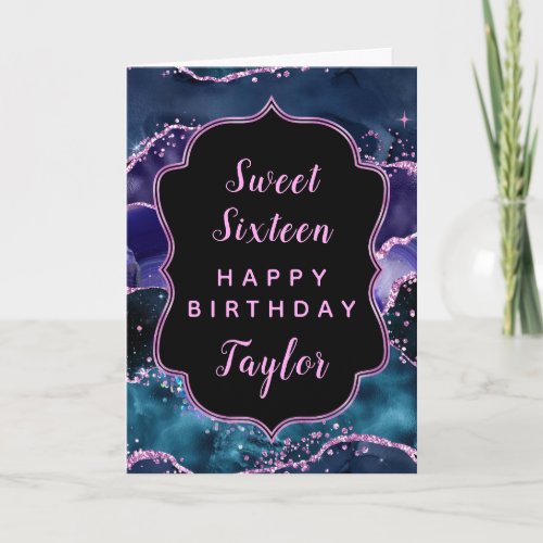 Navy Purple Ocean Agate Sweet 16 Happy Birthday Card