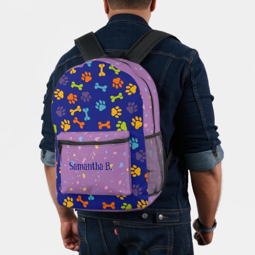 Navy Purple Pet Paws College Printed Backpack