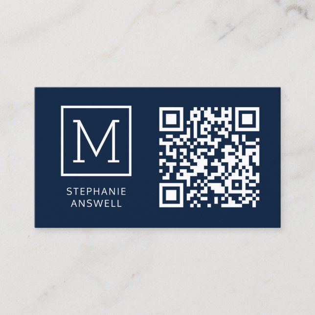 Navy QR Code Minimal Logo Professional Business Card (Front)