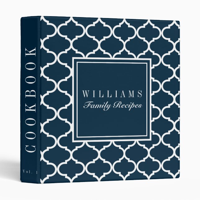 Navy Quatrefoil Family Recipe Cookbook 3 Ring Binder (Front/Spine)