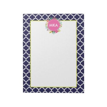 Navy Quatrefoil Floral Large Personalized Notepad by modernmaryella at Zazzle