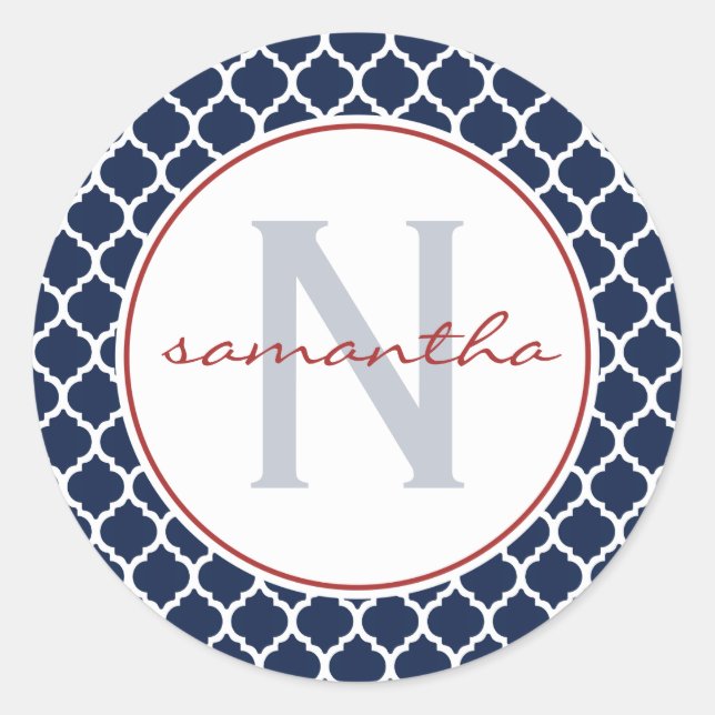 Navy Quatrefoil Monogram Classic Round Sticker (Front)