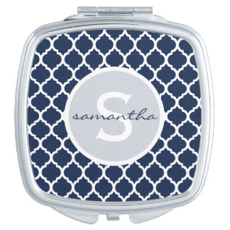Navy Quatrefoil Monogram Compact Mirror