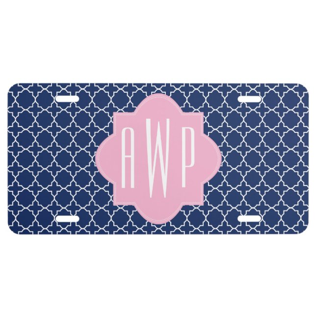 Navy Quatrefoil & Pink Monogram License Plate (Front)
