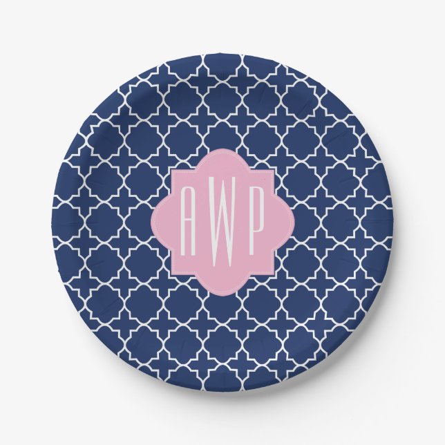 Navy Quatrefoil + Pink Monogram Paper Plates (Front)