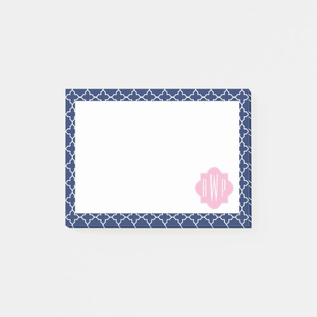 Navy Quatrefoil & Pink Monogram Post-it Notes (Front)