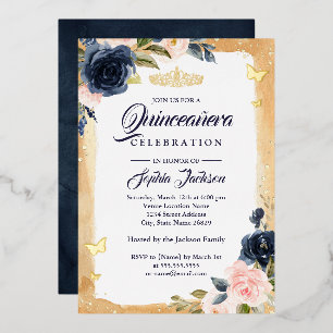 Navy Quinceanera Floral Gold Sparkle Tiara Foil Invitation