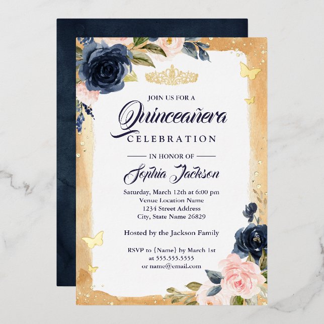 Navy Quinceanera Floral Gold Sparkle Tiara Foil Invitation (Front/Back)