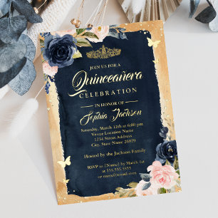 Navy Quinceanera Floral Sparkle Gold Tiara Foil Invitation