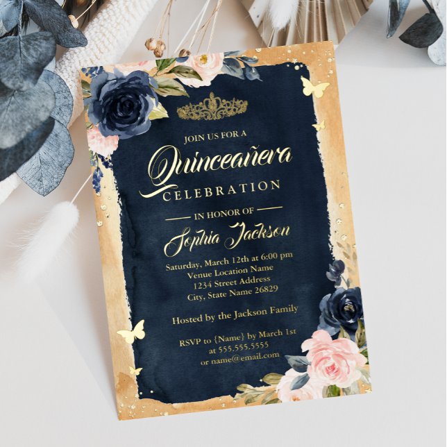 Navy Quinceanera Floral Sparkle Gold Tiara Foil Invitation (Creator Uploaded)