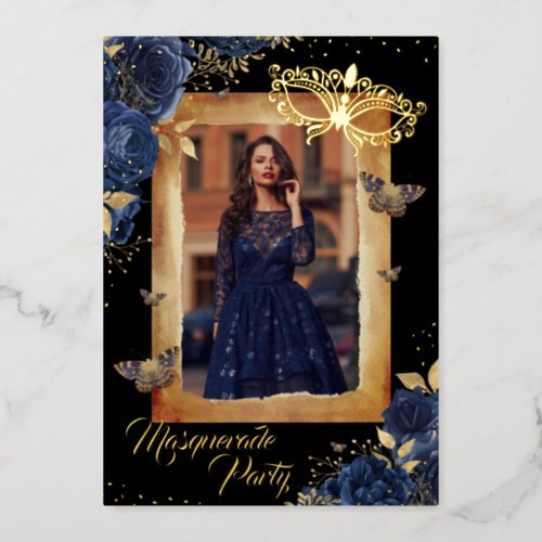 Navy Quinceanera Photo Masquerade Party Rose  Foil Invitation