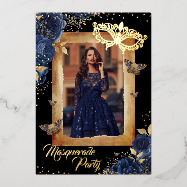 Navy Quinceanera Photo Masquerade Party Rose  Foil Invitation (Front)