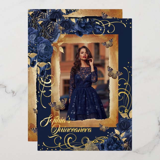 Navy Quinceanera Photo Rose Gold Butterfly  Foil Invitation (Front/Back)