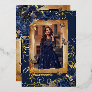 Navy Quinceanera Photo Rose Gold Butterfly Foil Invitation