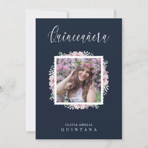 Navy Quinceaera Pink Trendy Garland Photo Spanish Invitation