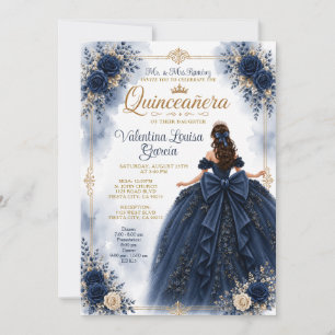 Navy Quinceañera Princess Dress Floral Crown Invitation