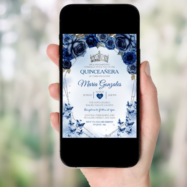 Navy Quinceañera Silver Crown Butterfly 15 Anos Invitation (Front Digital)
