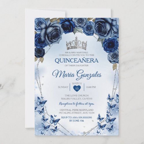 Navy Quinceaera Silver Crown Butterfly 15 Anos Invitation