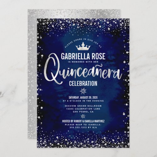 Navy Quinceaera Silver Glitter Princess Crown Invitation