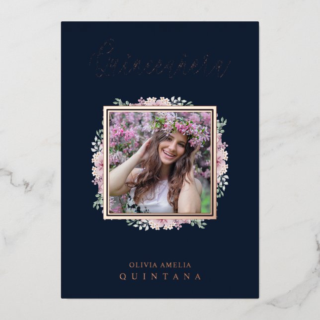 Navy Quinceañera Trendy Garland Photo Spanish Foil Invitation (Front)