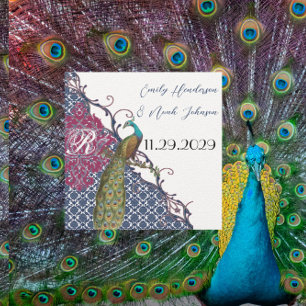 Navy & Raspberry Peacock Damask Save the Date Invitation