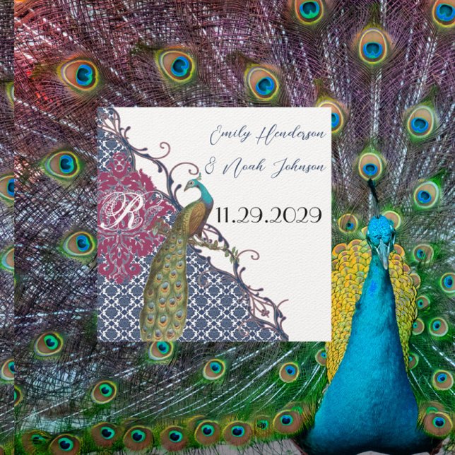 Navy & Raspberry Peacock Damask Save the Date Invitation (Creator Uploaded)