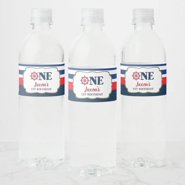 Navy Re Nautical 1st Birthday Party Ahoy Anchor Water Bottle Label (Bottles)