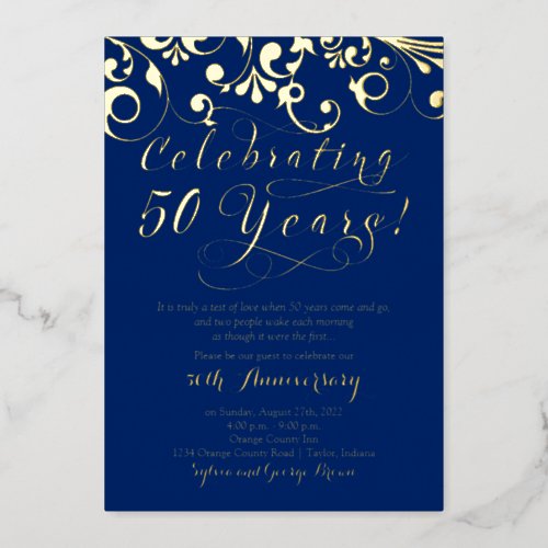 Navy Real Gold 50th Wedding Anniversary Foil Invitation