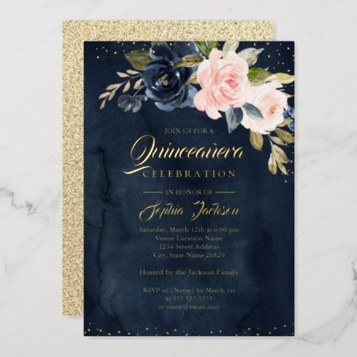 NAVY REAL GOLD FOIL Blush Pink Floral Quinceanera Foil Invitation