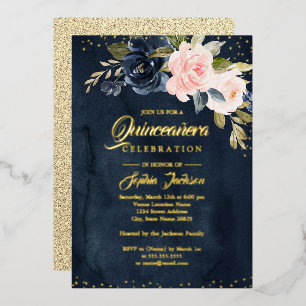 NAVY REAL GOLD FOIL Blush Pink Floral Quinceanera Invitation