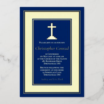 Navy Real Gold Foil Catholic Confirmation Foil Invitation by wasootch at Zazzle