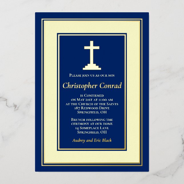 Navy Real Gold Foil Catholic Confirmation Invitation (Front)