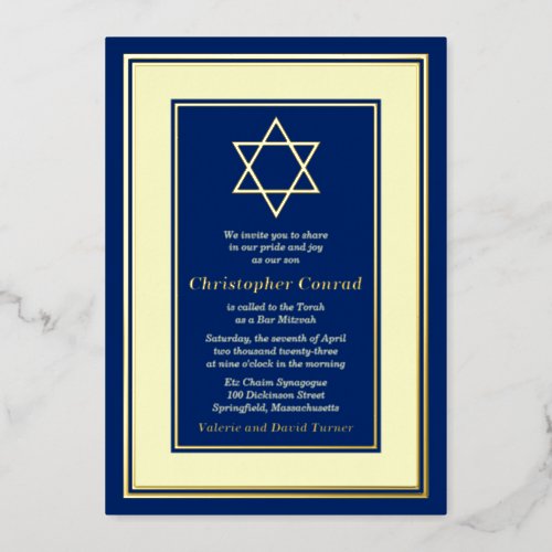 Navy Real Gold Foil Star of David Bar Mitzvah Foil Invitation