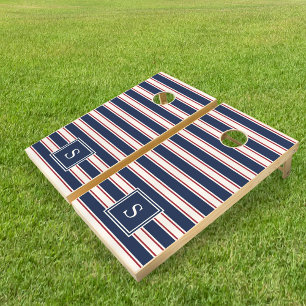 Navy, Red and Cream Nautical Stripe Monogram Cornhole Set