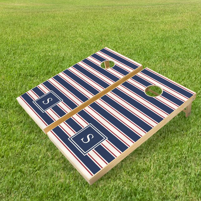 Navy, Red and Cream Nautical Stripe Monogram Cornhole Set (Creator Uploaded)