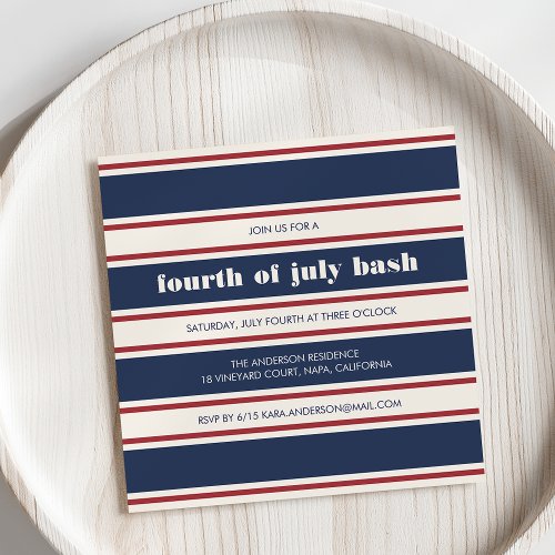 Navy Red and Cream Stripe Fourth of July Party Invitation