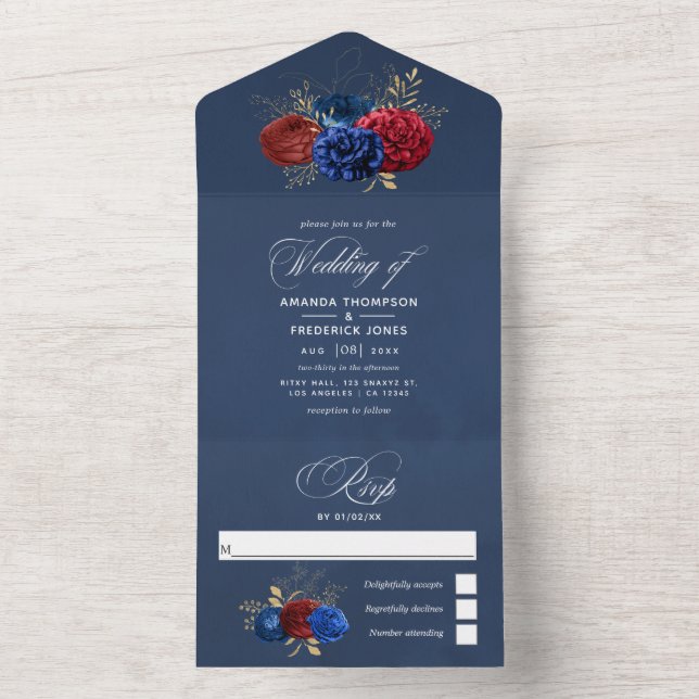 Navy, Red and Gold Floral Wedding All In One Invit Invitation (Inside)