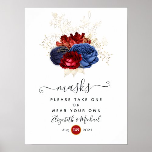 Navy Red and Gold Floral Wedding Face Masks Poster