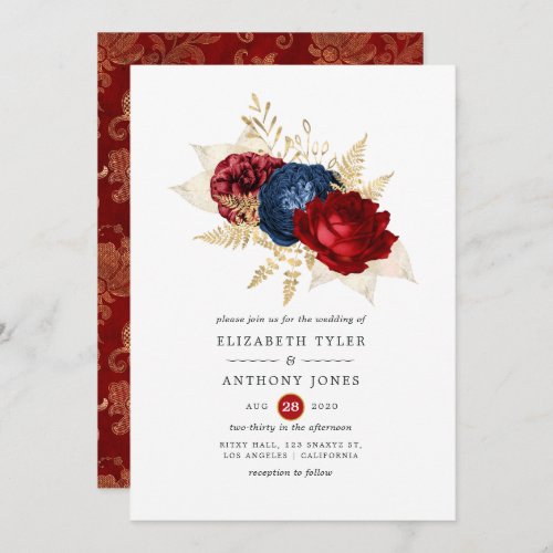 Navy Red and Gold Floral Wedding Invitation