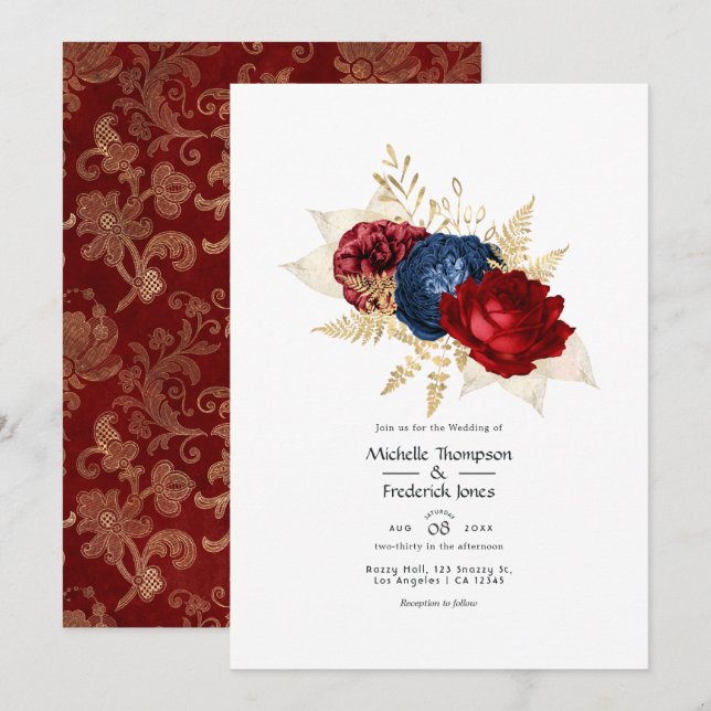 Navy, Red and Gold Floral Wedding Invitation (Front/Back)