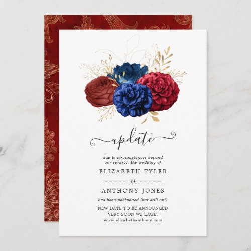 Navy Red and Gold Floral Wedding Update Invitation