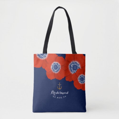 Navy  Red Anemones Nautical Bridal Party Tote Bag