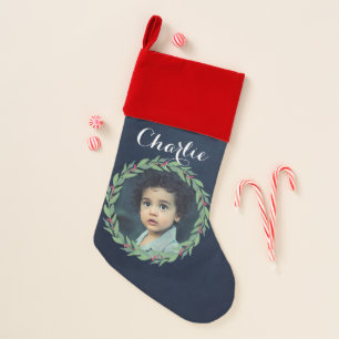 NAVY RED BERRIES WREATH CHRISTMAS PHOTO OVERLAY CHRISTMAS STOCKING