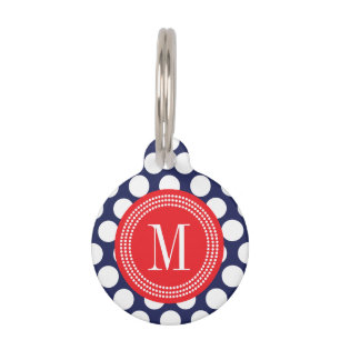 Navy & Red Big Polka Dots Monogrammed Pet ID Tag