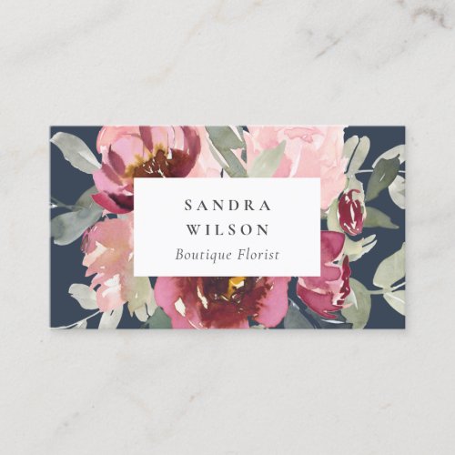 NAVY RED BLUSH BURGUNDY ROSE WATERCOLOR FLORAL BUSINESS CARD