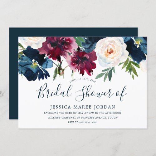 Navy  Red Burgundy Flowers Bridal Shower Invitation