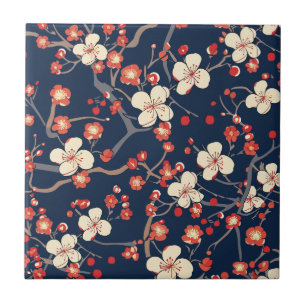 Navy Red Cherry Blossom Japanese Floral Ceramic Tile