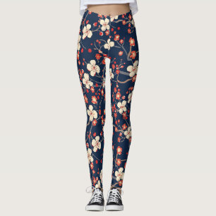 Navy Red Cherry Blossom Japanese Floral Leggings