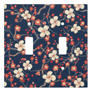 Navy Red Cherry Blossom Japanese Floral Light Switch Cover